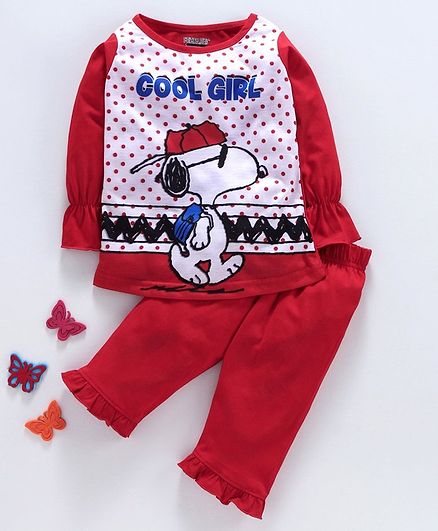Eteenz Full Sleeves Top & Lounge Pants Set Snoopy Print - Red & White