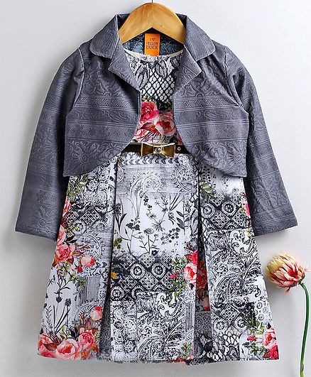 Yellow Duck Flower Printed Sleeveless Dress With Shrug - Grey