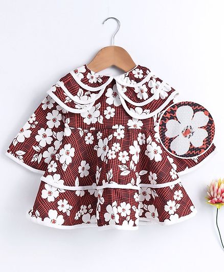 Yellow Duck Flower Print Half Sleeves Dress - Brown