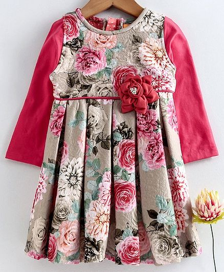 Yellow Duck Flower Print Full Sleeves Dress - Dark Pink