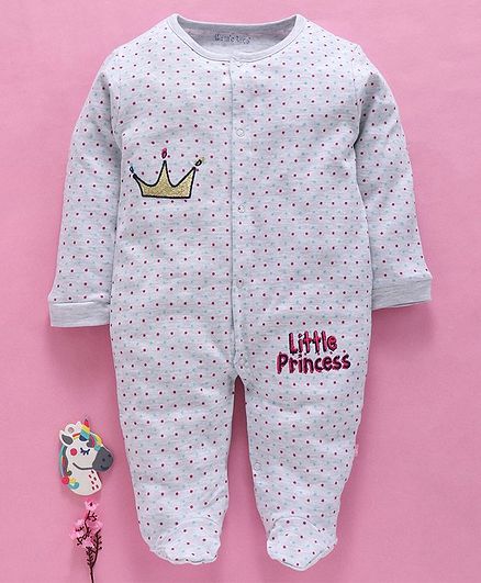 Mom's Love Full Sleeves Footed Romper Dots Print - Grey