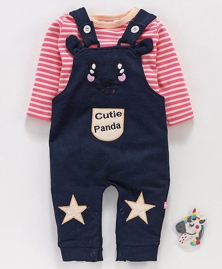 Mom's Love Full Sleeves Dungaree Style Romper With Tee Panda Patch - Pink Blue