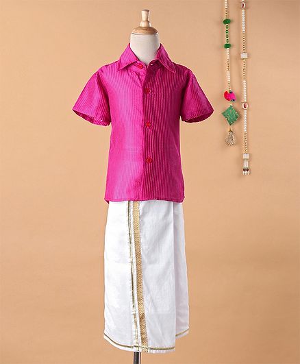 Many Frocks & Half Sleeves Striped Shirt & Mundu Set - Pink
