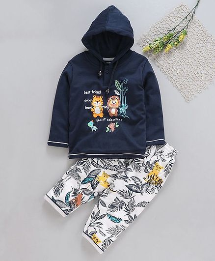 Cucumber Full Sleeves Hooded Sweatshirt And Lounge Pant Animal Print - Navy Blue White