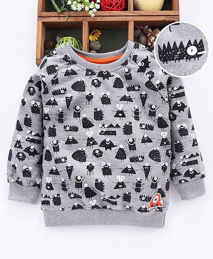Babyhug Full Sleeves Sweatshirt Monster Print - Grey