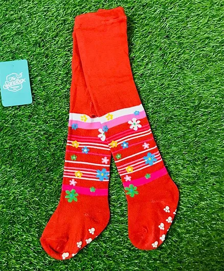 The Sandbox Clothing Co Flower Printed Footed Elasticated Stockings - Red