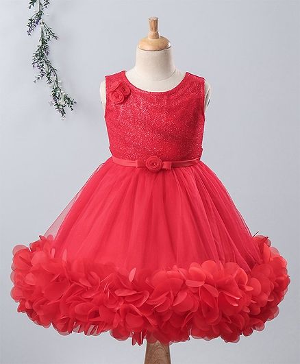 Bluebell Party Wear Sleeveless Frock Floral Motifs - Red