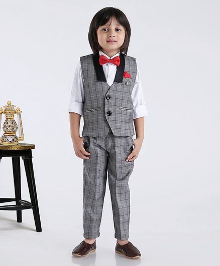 Robo Fry Full Sleeves Shirt With Trouser & Waistcoat Bow Applique - Grey Black