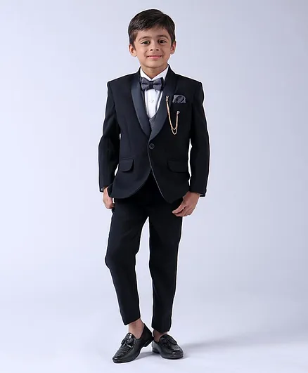 Robo Fry Full Sleeves 4 Piece Party Wear Suit With Bow - Navy