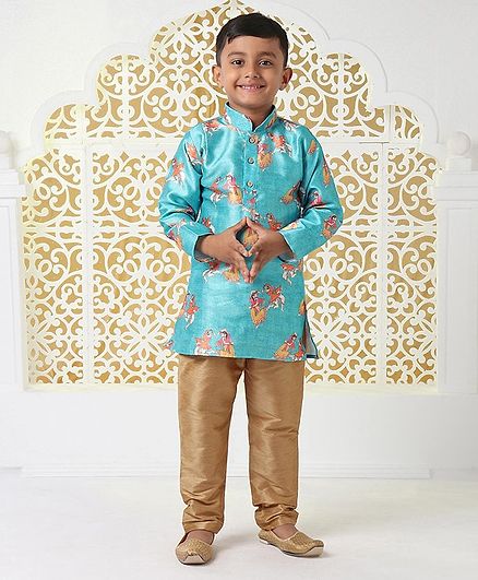 Ridokidz Couple Playing Dandiya Print Full Sleeves Kurta With Pajama - Blue