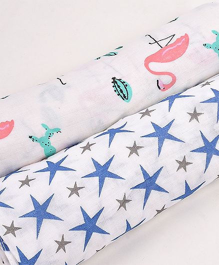 Mom's Home Cotton Muslin Swaddle Wrap Flamingo and Polka Dot Print Pack of 2 - Pink