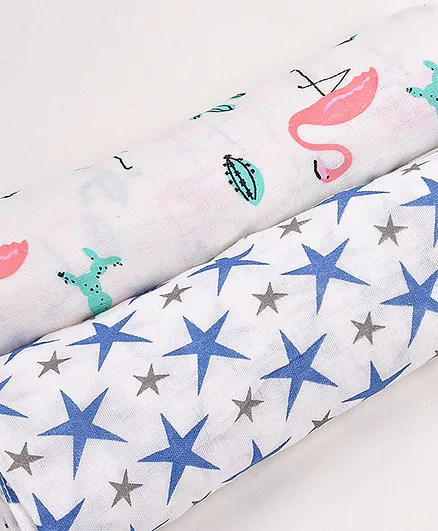 Mom's Home Cotton Muslin Swaddle Wrap Flamingo and Polka Dot Print Pack of 2 - Pink