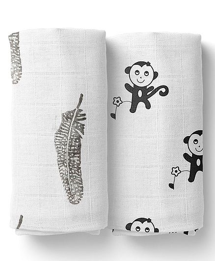 Mom's Home Cotton Muslin Swaddle Wrap Leaf and Monkey Print Pack of 2 - Grey