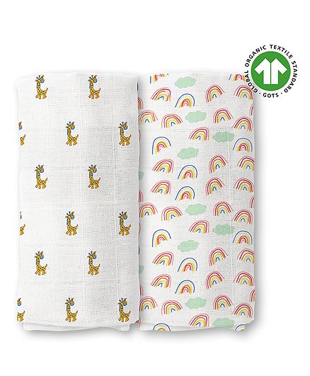 Mom's Home Cotton Muslin Swaddle Wrap Giraffe and Bee Print Pack of 2 - Yellow