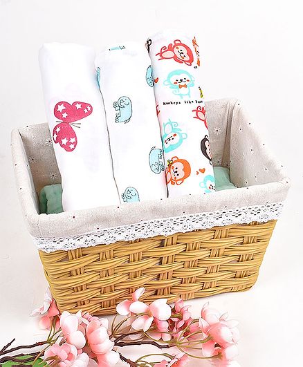 Mom's Home Cotton Muslin Swaddle Wrap Elephant, Monkey and Butterfly Print Pack of 3 - Multicolour