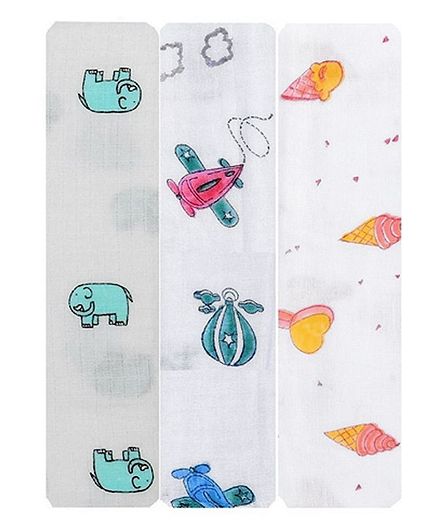 Mom's Home Cotton Muslin Swaddle Wrap Elephant, Airplane and Ice cream Print Pack of 3 - Multicolour