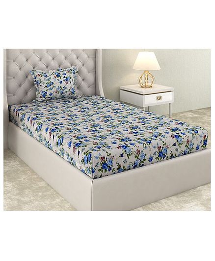 Haus & Kinder Cotton Floral Single Bed Sheet With Pillow Cover - Blue