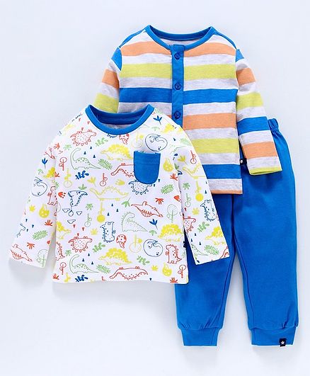 Babyoye Full Sleeves 3 Piece Cotton Night Wear Combo Set Dino Print - White Blue