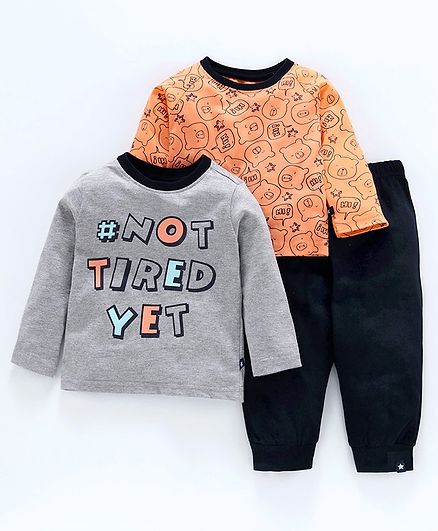 Babyoye 3 Piece Cotton Night Suit Set Text & Bear Print - Orange Grey
