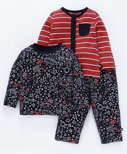 Babyoye Full Sleeves Cotton Night Wear Combo Set Striped & Printed - Red Black
