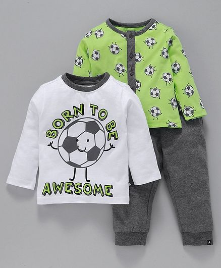 Babyoye Full Sleeves Cotton Night Wear Combo Set Football Print - Green White