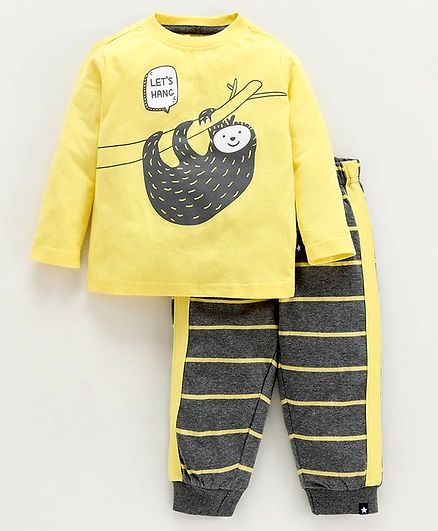 Babyoye Full Sleeves Night Suit Stripe & Sloth Print - Yellow Grey