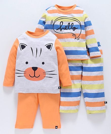 Babyoye Full Sleeves Striped & Printed Cotton Night Wear Combo Set - Orange