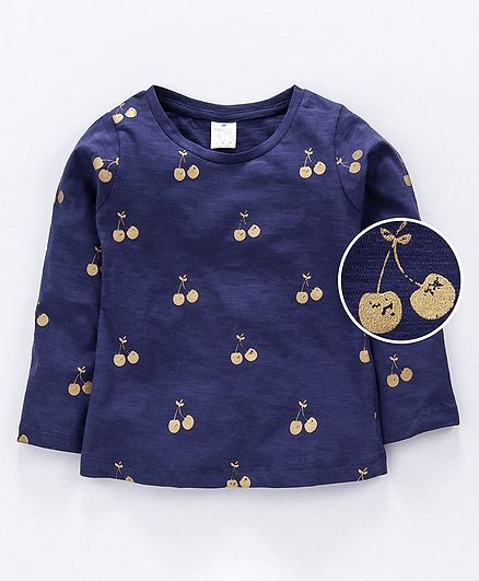 Smarty Full Sleeves Tee Cherry Print - Navy Blue