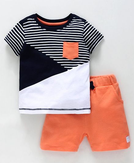 Babyoye Half Sleeves Tee & Shorts Set Stripes Pattern - Navy Orange