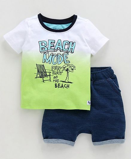 Babyoye Half Sleeves Tee With Shorts Beach Print - Light Green