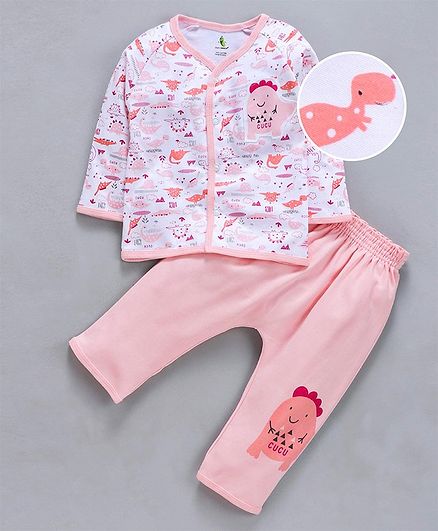 Cucumber Full Sleeves Night Suit Dino Patch - White Peach
