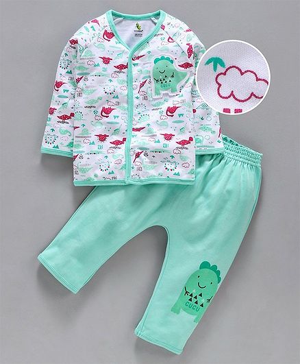 Cucumber Full Sleeves Night Suit Dino Patch - White Light Green