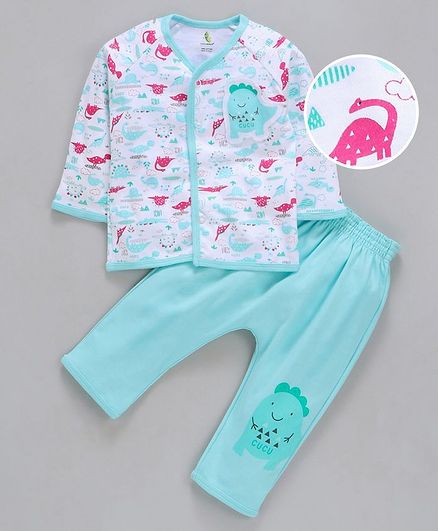 Cucumber Full Sleeves Night Suit Dino Patch - White Sea Green