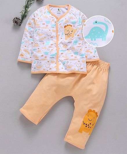 Cucumber Full Sleeves Night Suit Dino Patch - White Yellow