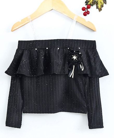 Vitamins Full Sleeves Top Flower Applique - Black
