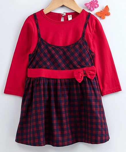 Dew Drops Checked Frock With Full Sleeves Inner Tee - Red Navy
