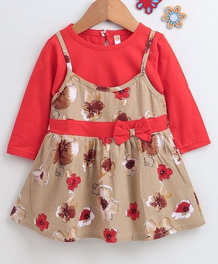 Dew Drops Frock With Full Sleeves Inner Tee Floral Print - Beige