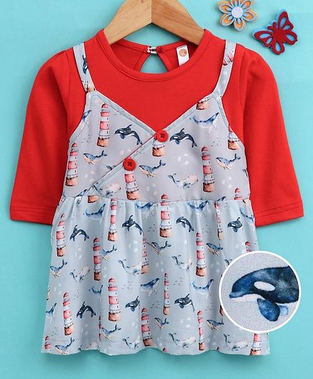 Dew Drops Full Sleeves Frock Dolphin Print - Grey
