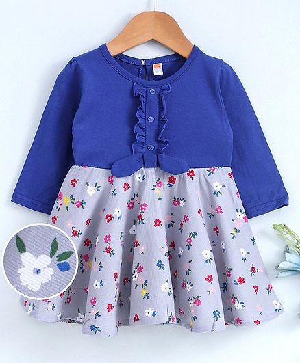 Dew Drops Full Sleeves Frock Floral Print - Blue