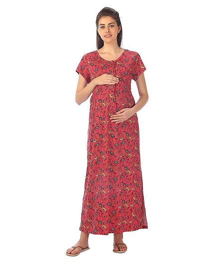 Kriti Short Sleeves Maternity Nursing Nighty Floral Print - Pink
