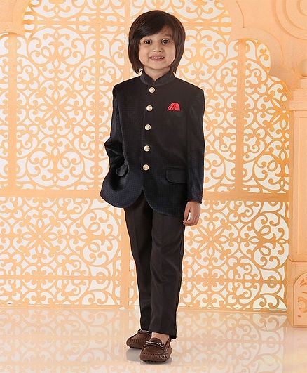 Babyhug Full Sleeves Checkered Band Gala Suit With Pocket Square - Navy Blue