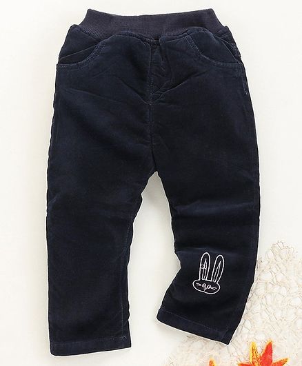 Kookie Kids Full Length Corduroy Pants Bunny Embroidery - Navy Blue