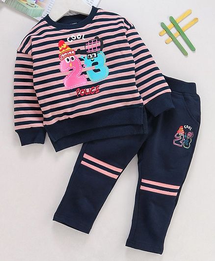 Meng Wa Full Sleeves Striped Tee With Lounge Pant 23 Print - Pink Navy Blue