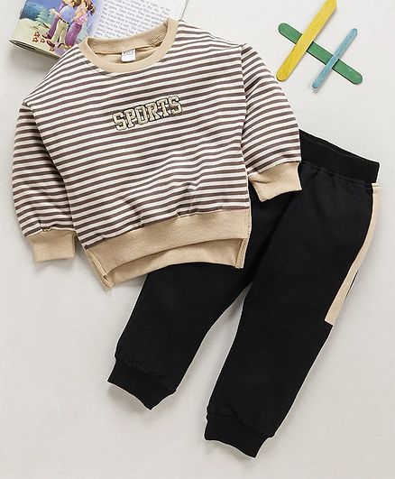 Meng Wa Winter Wear Full Sleeves Striped Tee & Bottom Sports Embroidery - Light Brown Black