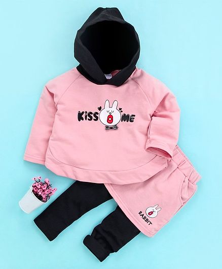 Meng Wa Winter Wear Full Sleeves Hooded Tee & Skeggings Text Print - Pink