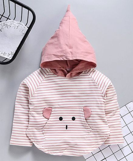 Meng Wa Full Sleeves Striped Hoodie Animal Print - Pink