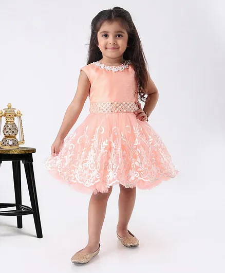 Babyhug Sleeveless Party Wear Frock Floral Design - Peach
