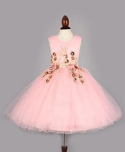 WhiteHenz Clothing Flower Applique Sleeveless Tulle Flare Dress - Light Pink