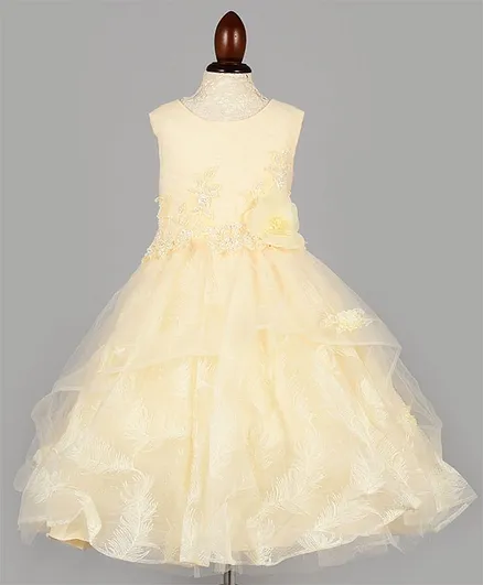 WhiteHenz Clothing Flower Applique Sleeveless Feather Printed Flare Dress - Cream
