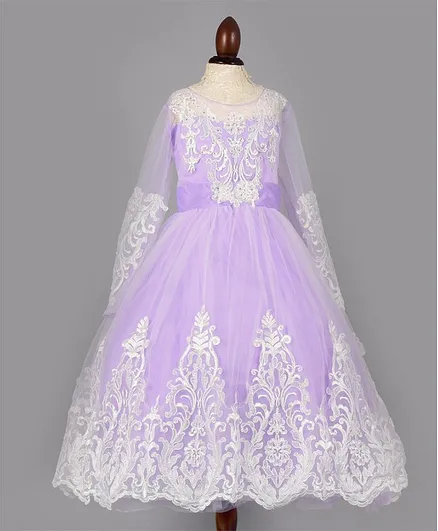 WhiteHenz Clothing Full Sleeves Floral Lace Work Tulle Flare Gown - Purple